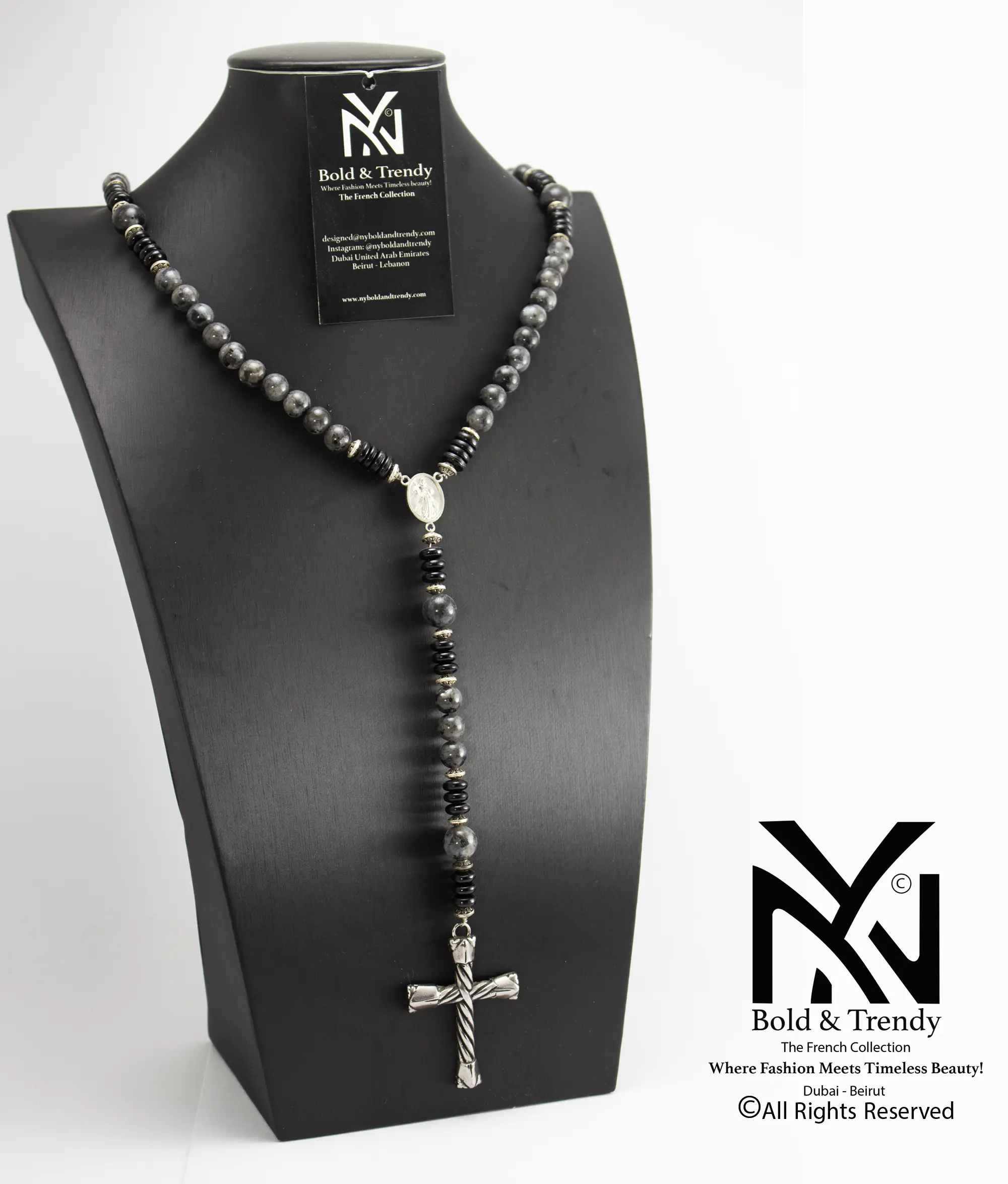 Christian Prayer Rosary Natural Grey Jasper Silver Cross and Icon 1