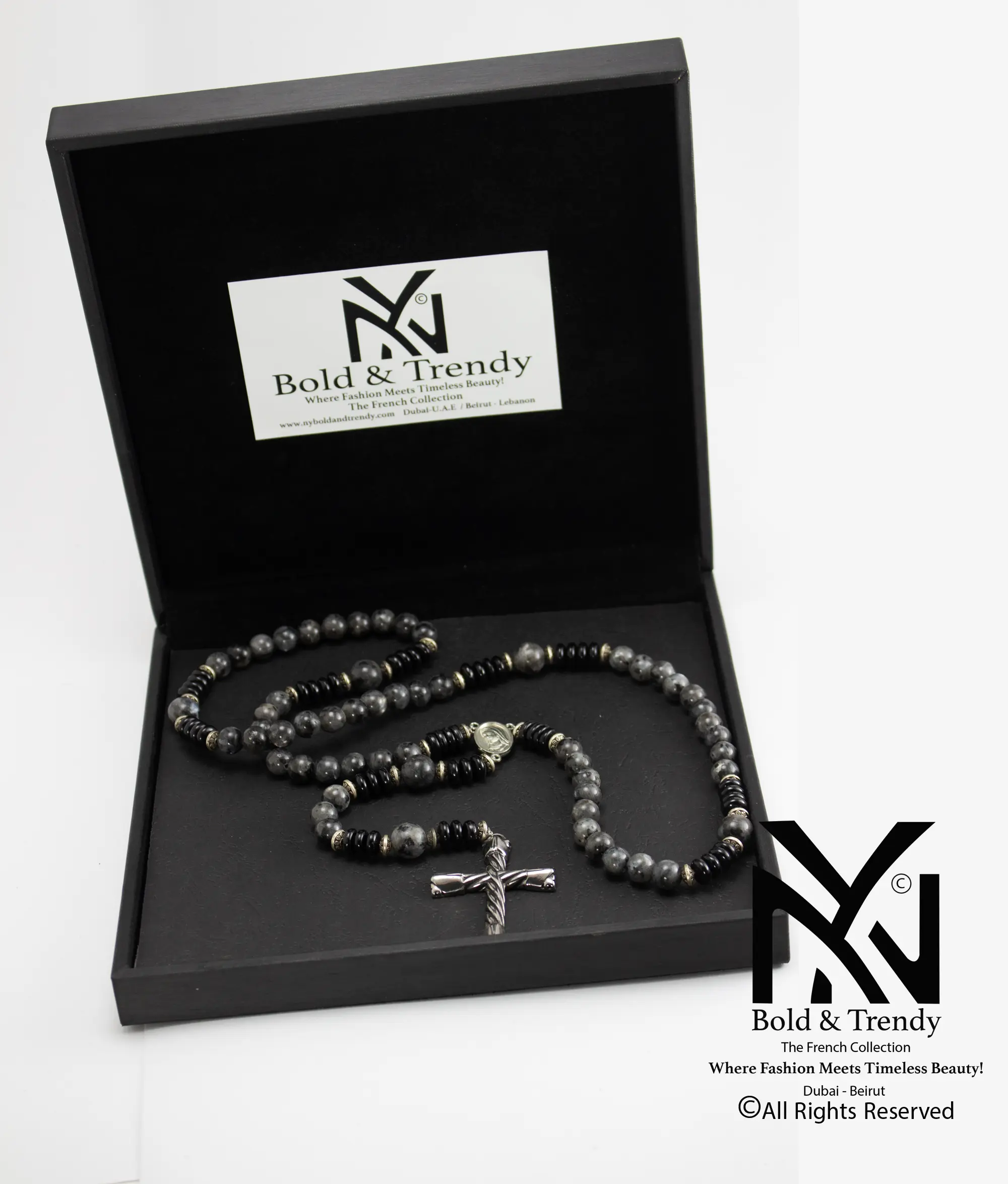  Christian Prayer Rosary Natural Grey Jasper Silver Cross and Icon 1