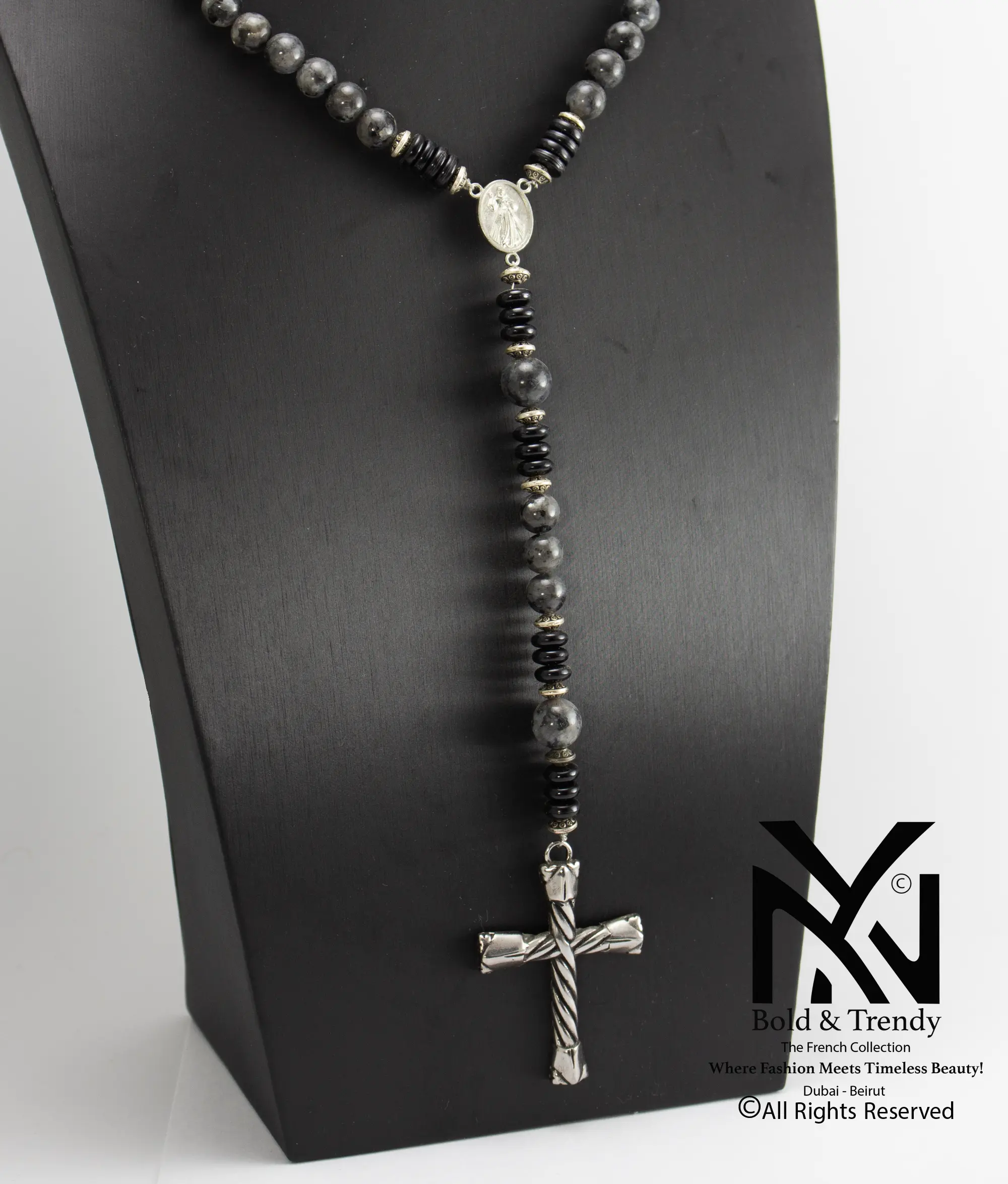  Christian Prayer Rosary Natural Grey Jasper Silver Cross and Icon 1
