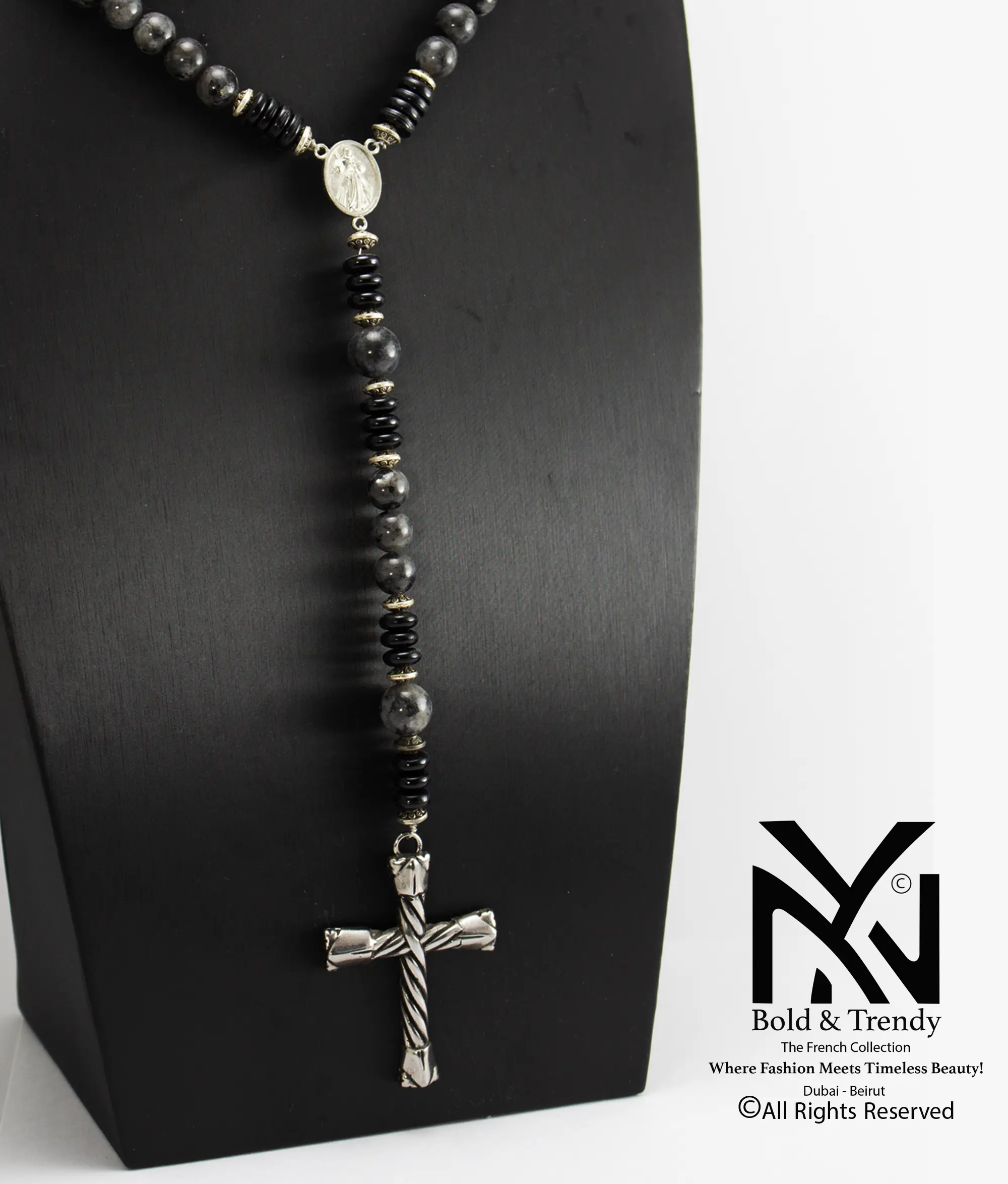  Christian Prayer Rosary Natural Grey Jasper Silver Cross and Icon 1
