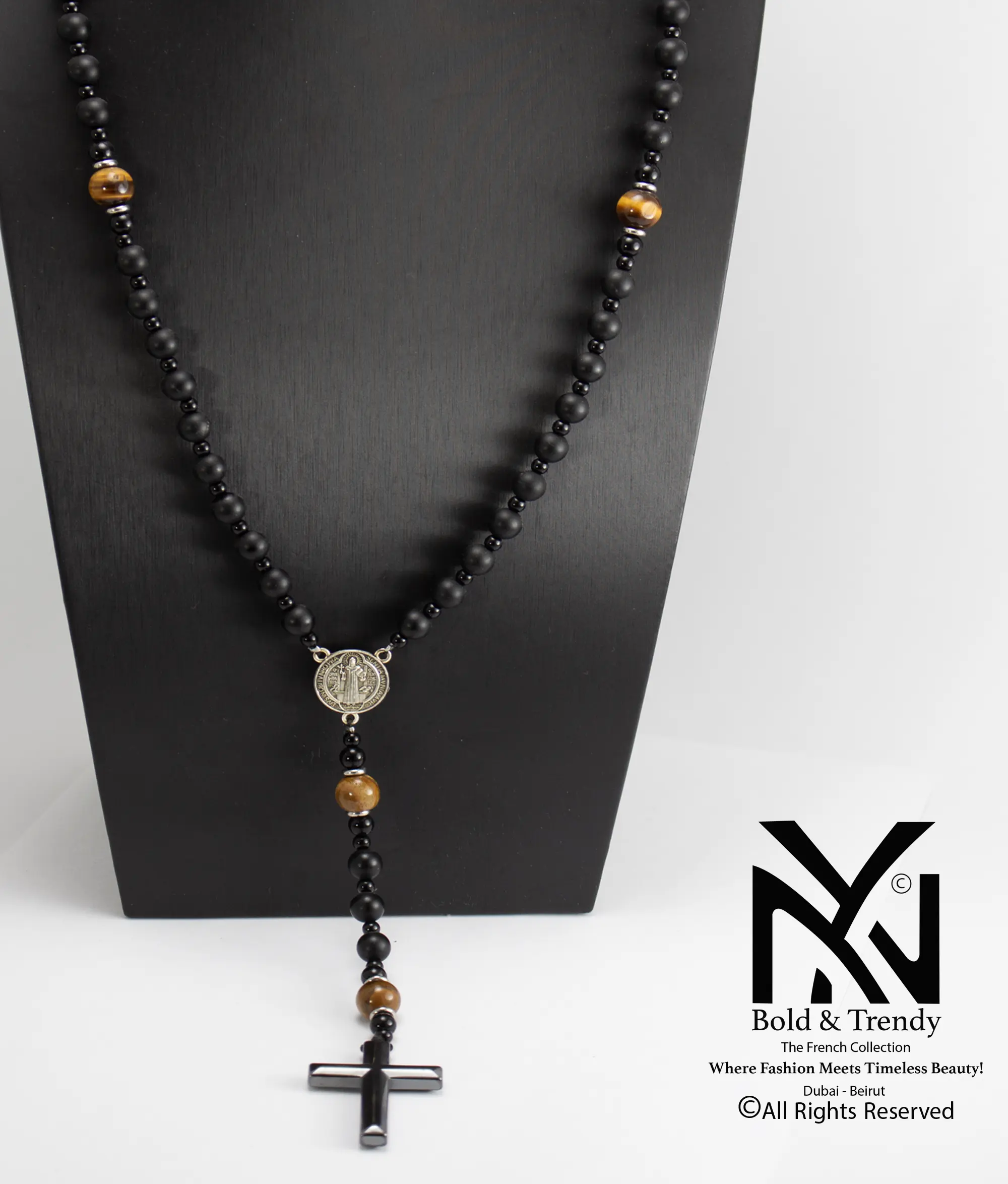  Christian Rosary Prayer Briollete Crystal Matt Onyx Tiger Eye Titanium Cross 1