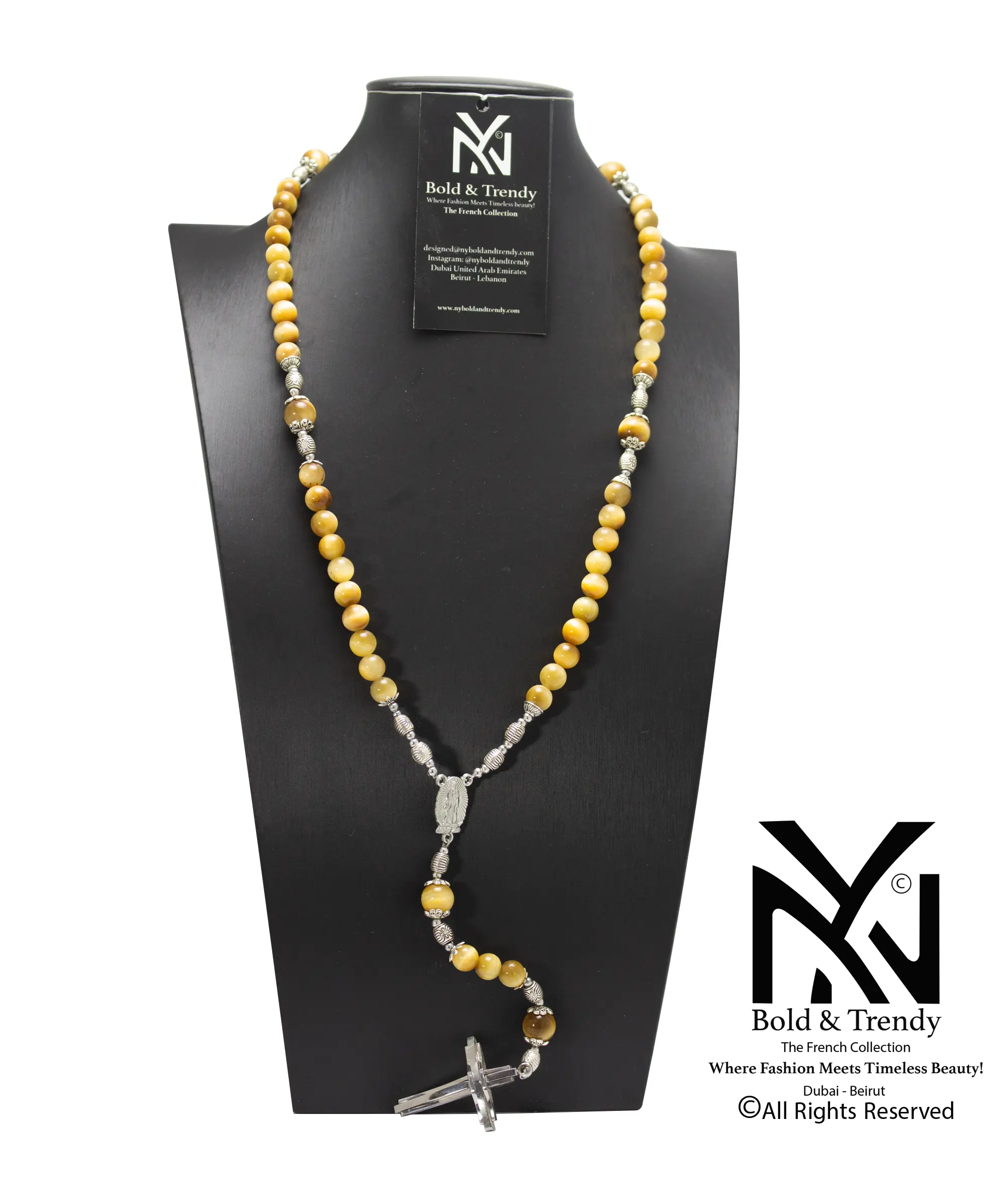  Christian Rosary Natural Yellow Tiger Eye Silver Cross 1