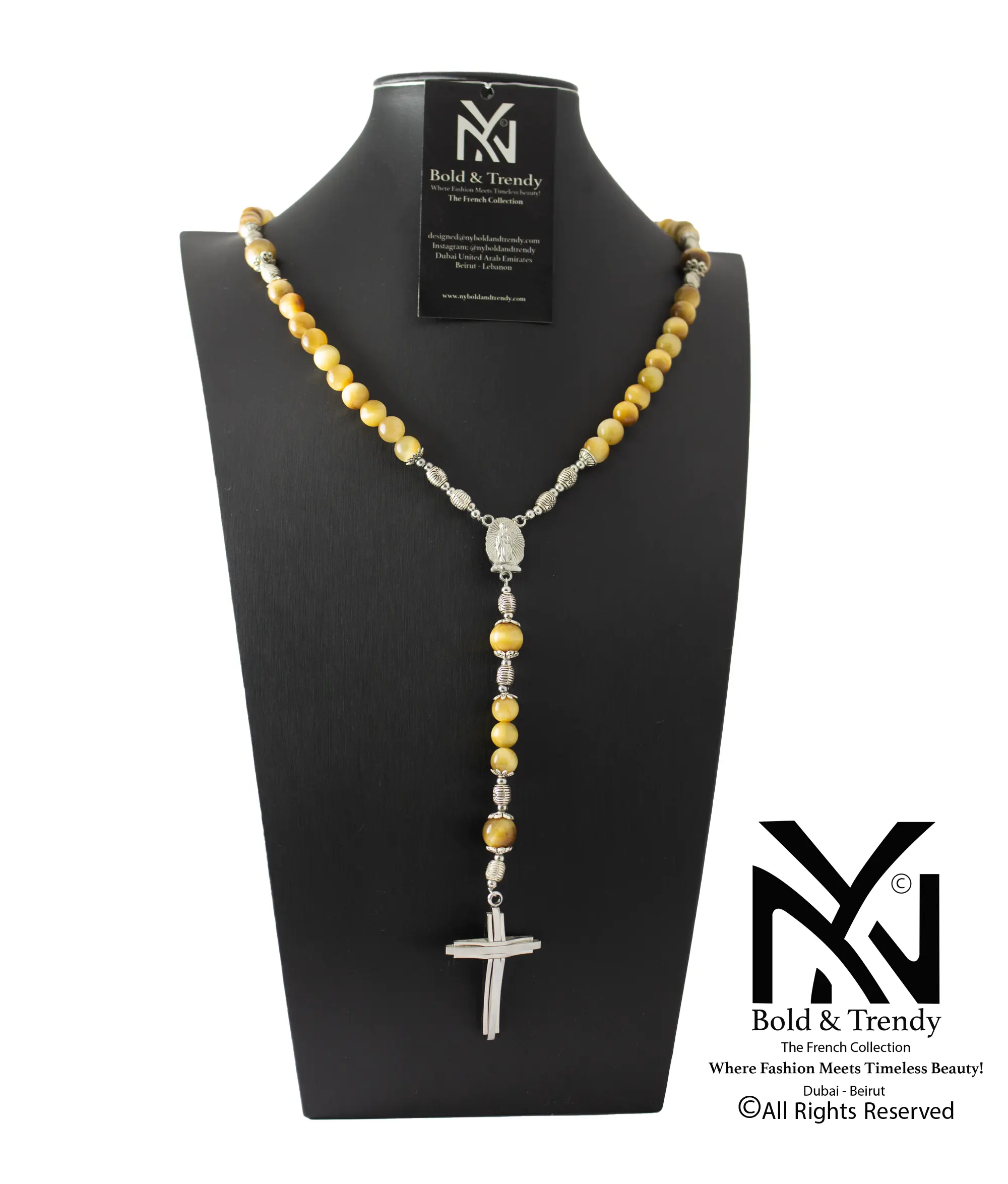  Christian Rosary Natural Yellow Tiger Eye Silver Cross 1