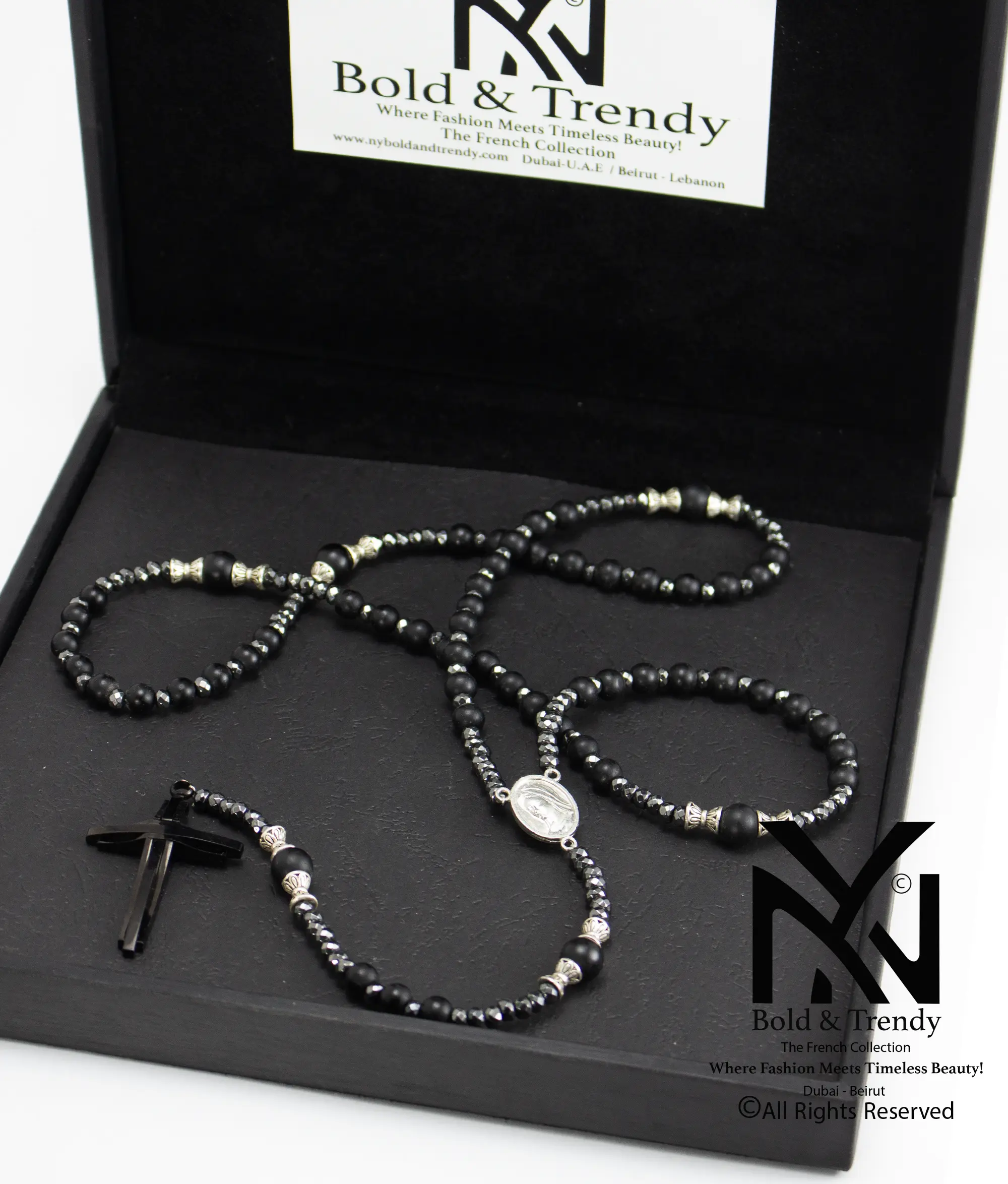  Christian Rosary Prayer Matt Onyx Zircona Black-Cross 1