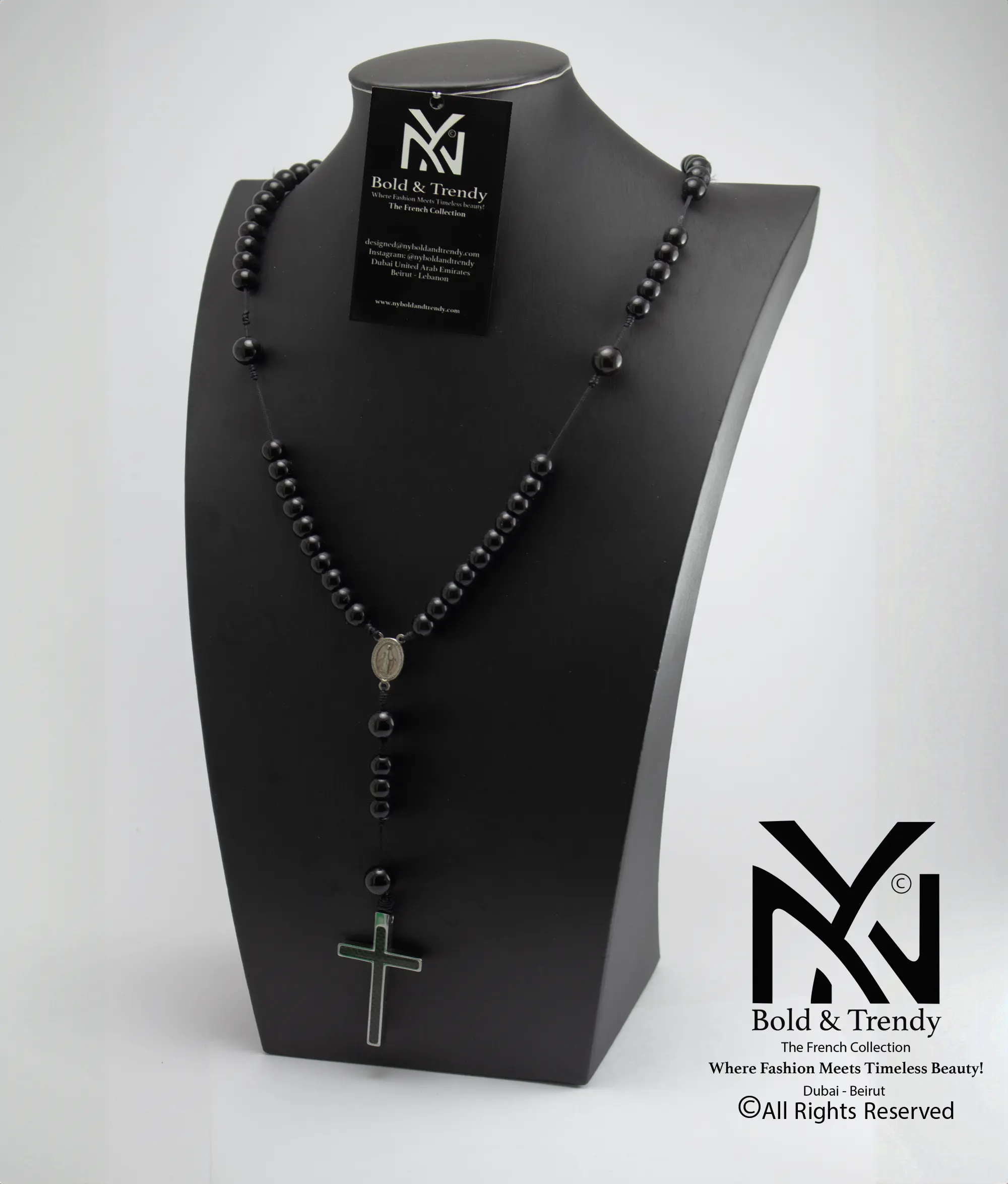 Christian Rosary Prayer Onyx Titanium Cross Saint Mary Icon 1