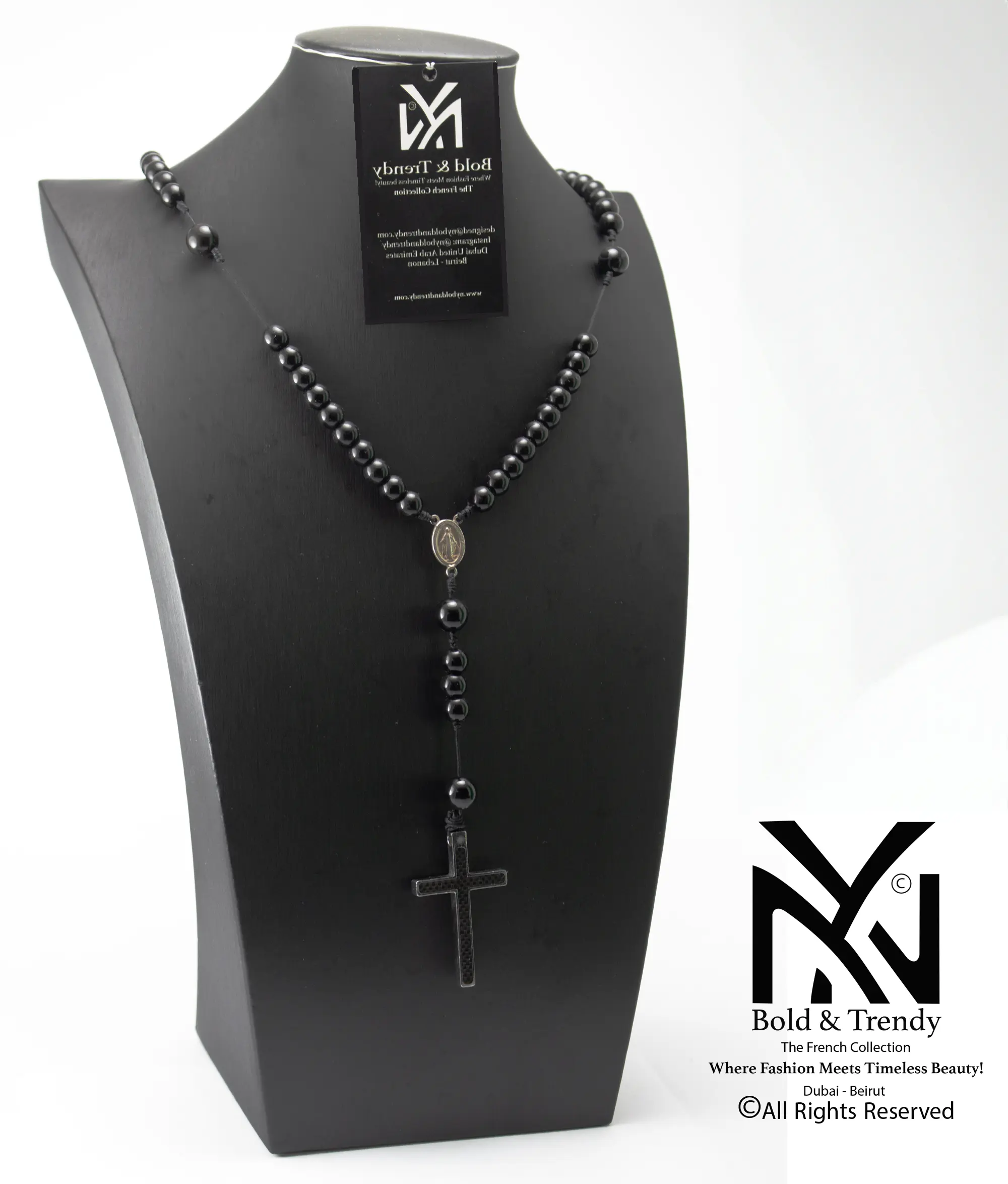  Christian Rosary Prayer Matt Onyx Zircona Black-Cross 1