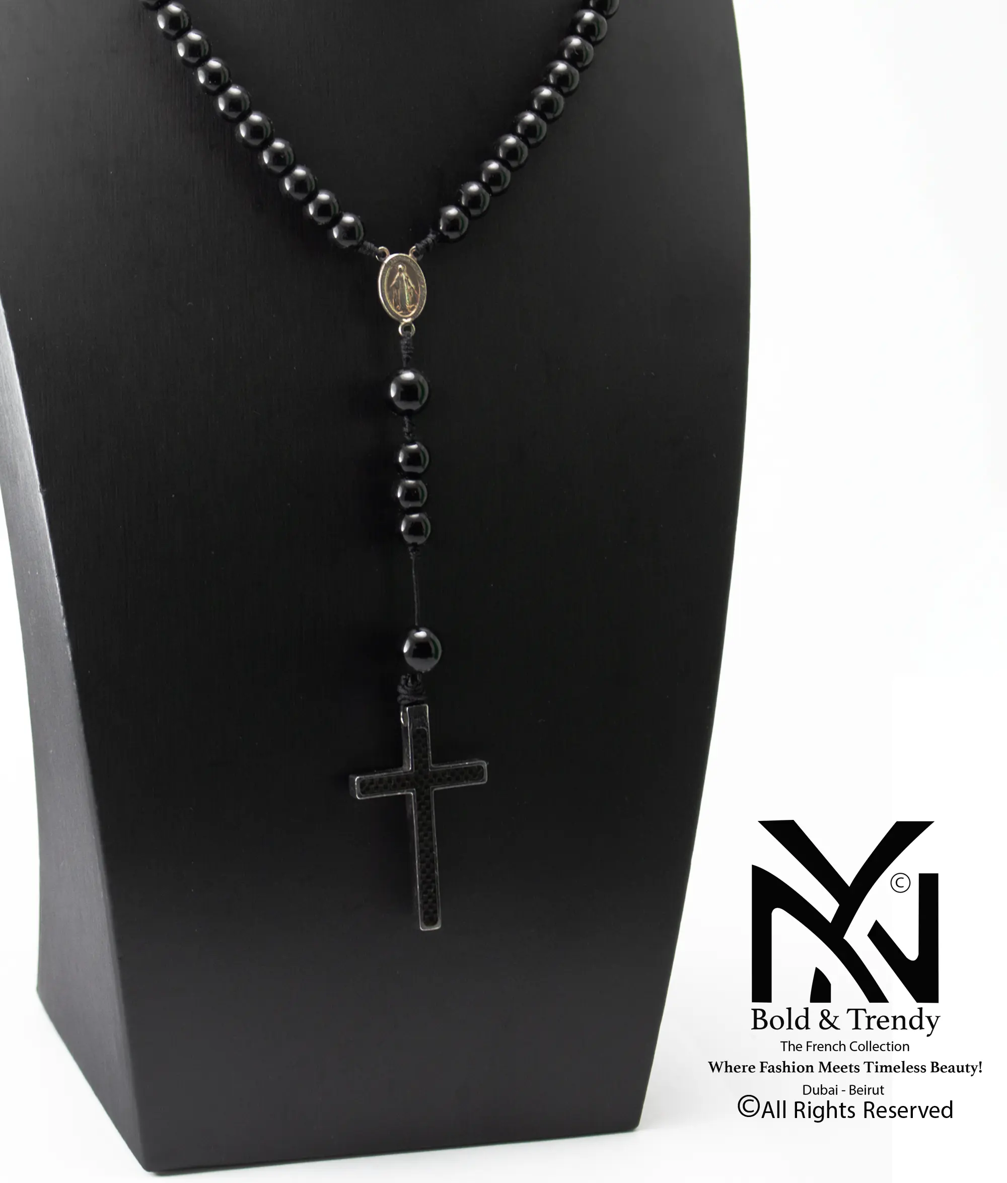  Christian Rosary Prayer Matt Onyx Zircona Black-Cross 1