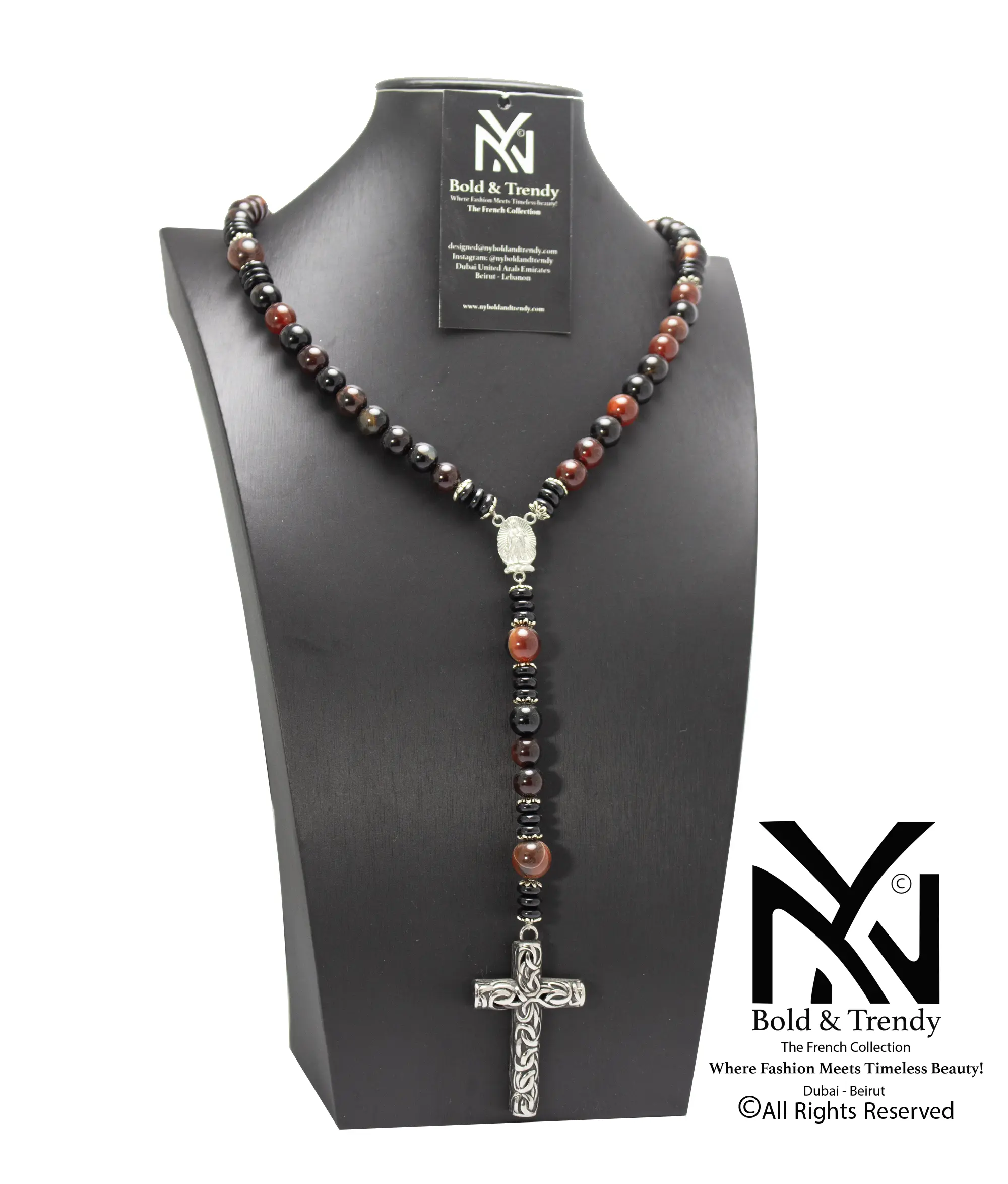 Christian Rosary Red Agate Black Agate Silver Big Cross 1