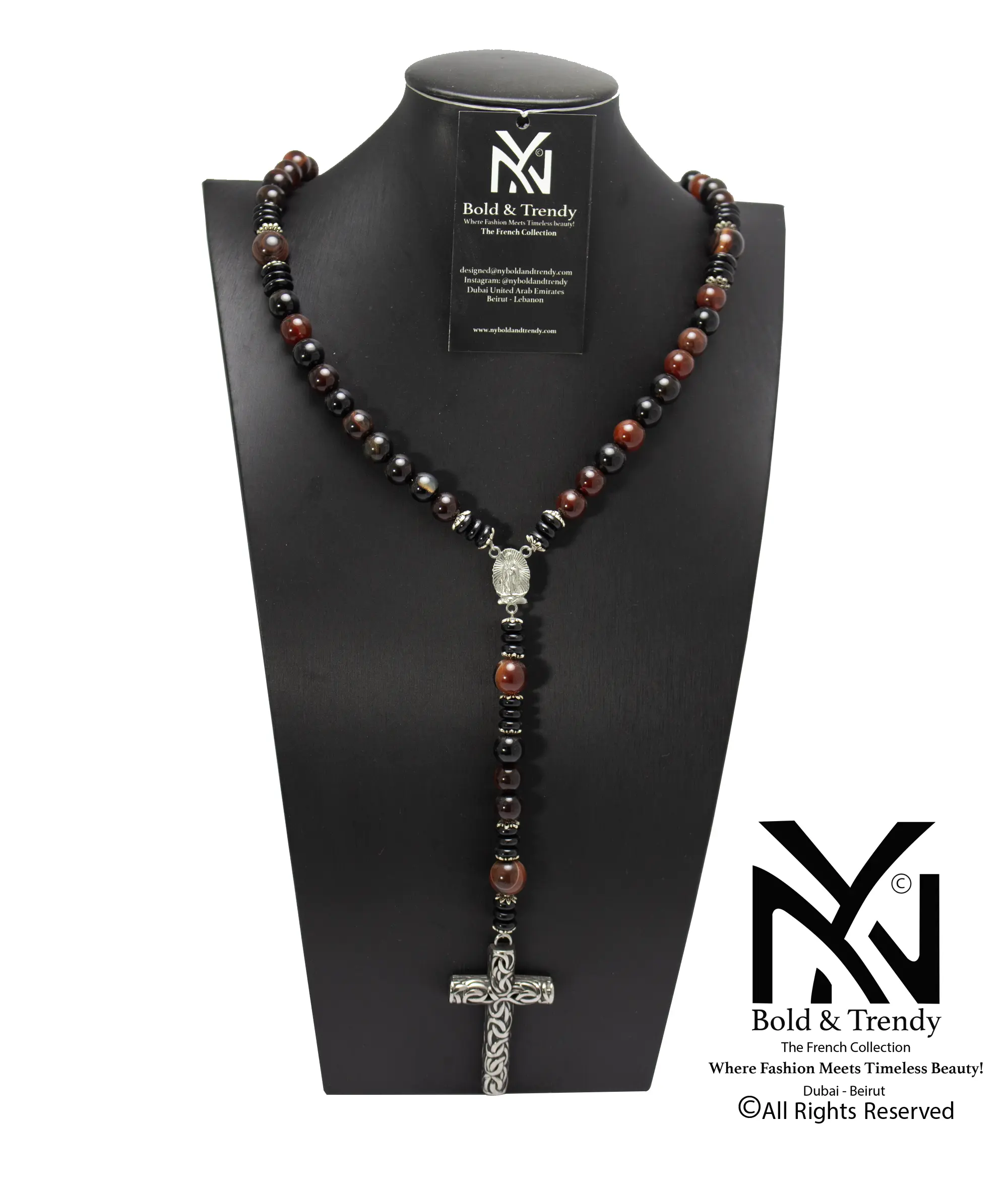 Christian Rosary Red Agate Black Agate Silver Big Cross 1 