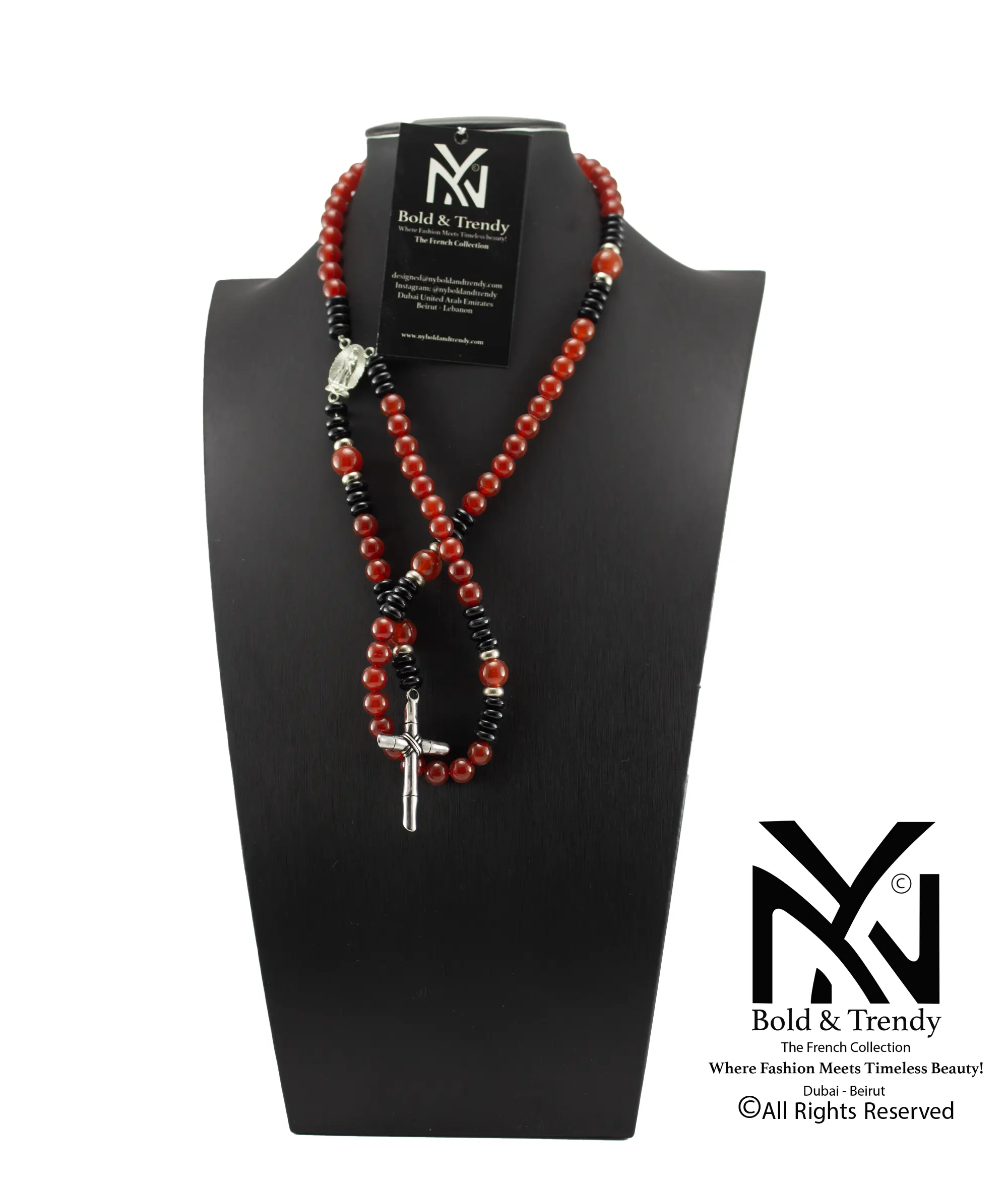  Christian Rosary Red Agate Black Agate Silver Cross 1