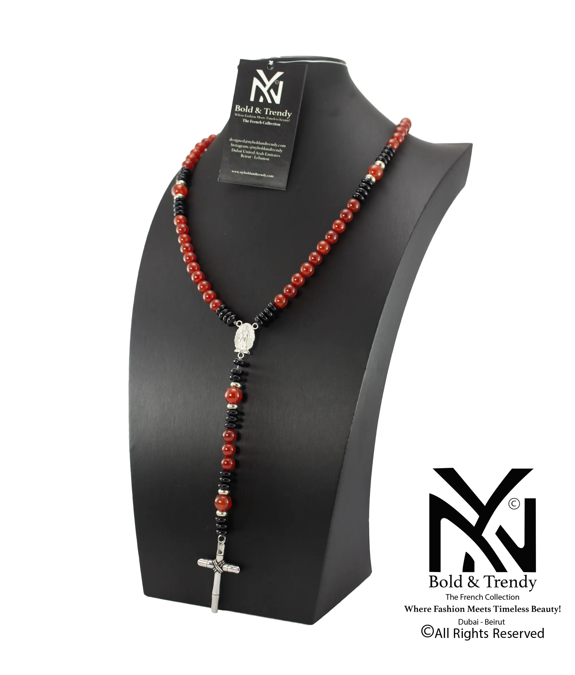  Christian Rosary Red Agate Black Agate Silver Cross 1