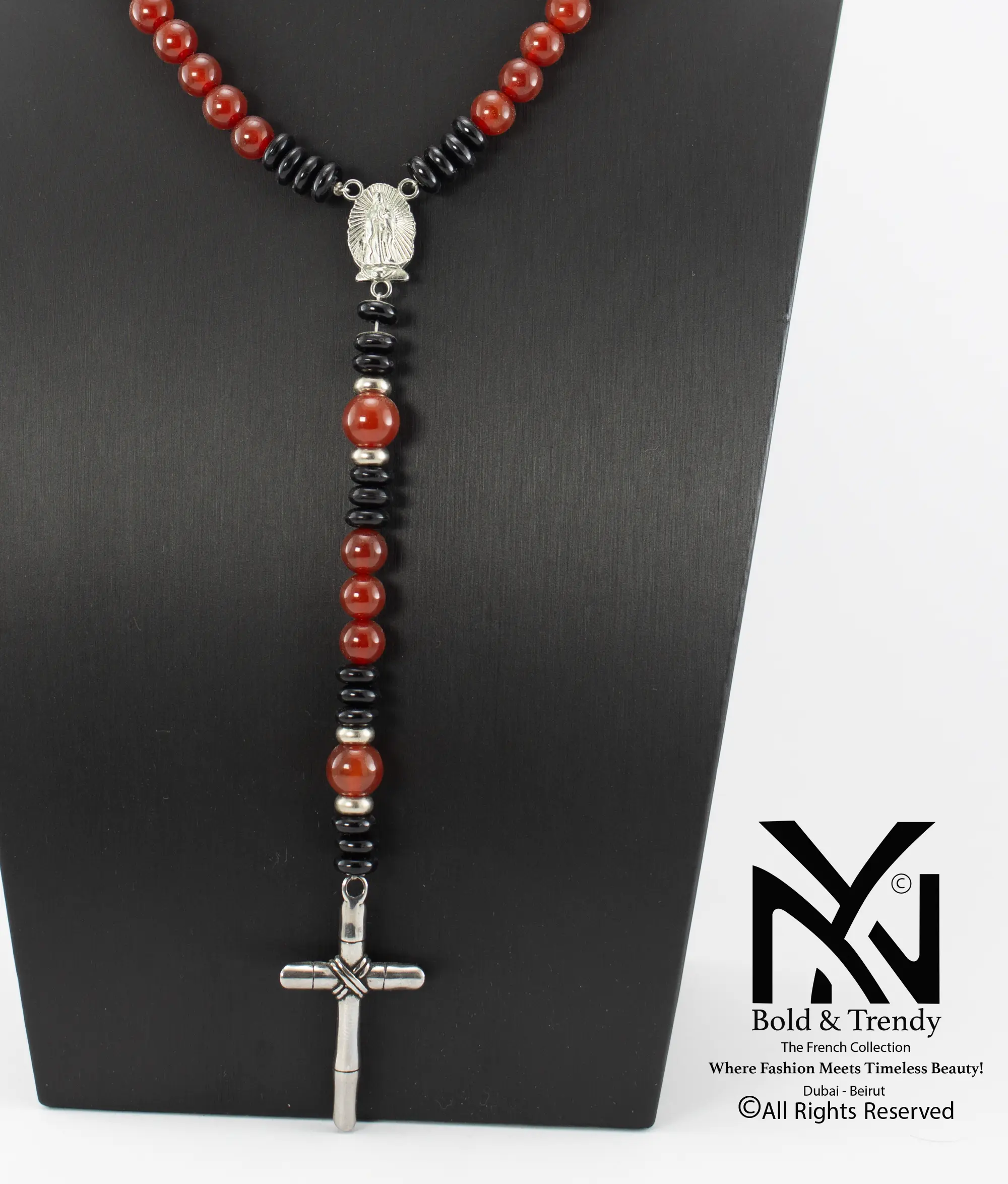 Christian Rosary Red Agate Black Agate Silver Cross 1