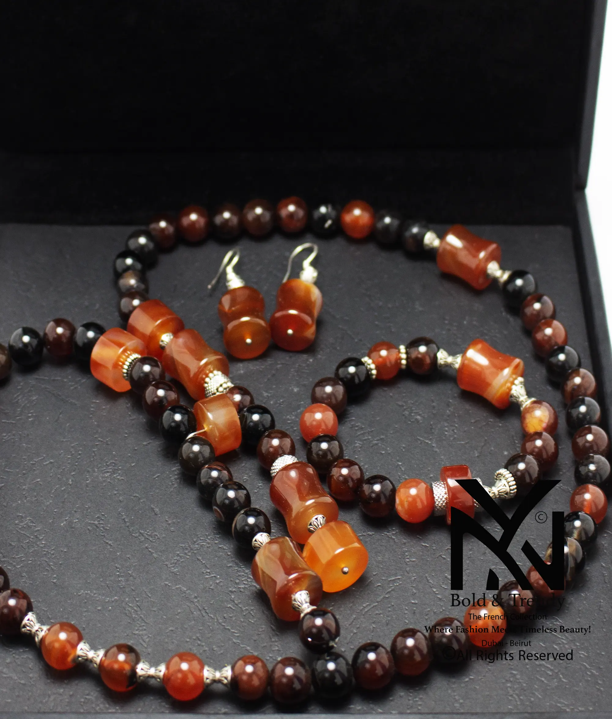  Exclusive Collection: Rare Agate, Black Australian, Mexican Red Fire, Orange Peach Yamani, and Silver Set from NY Bold & Trendy