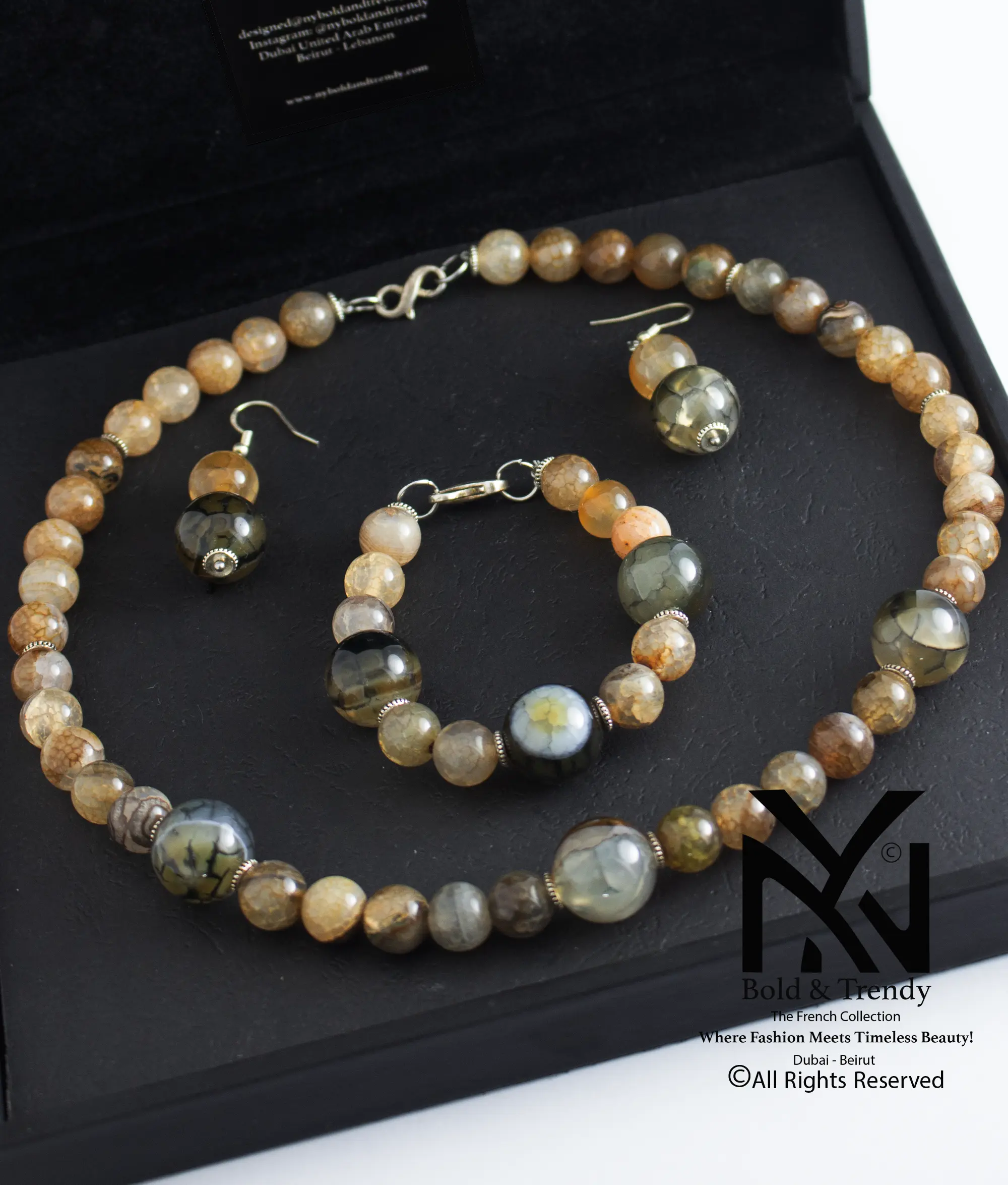  Complete Set Dendritict And Botswana Yellow Honey Green Onyx Agate with Silver 1
