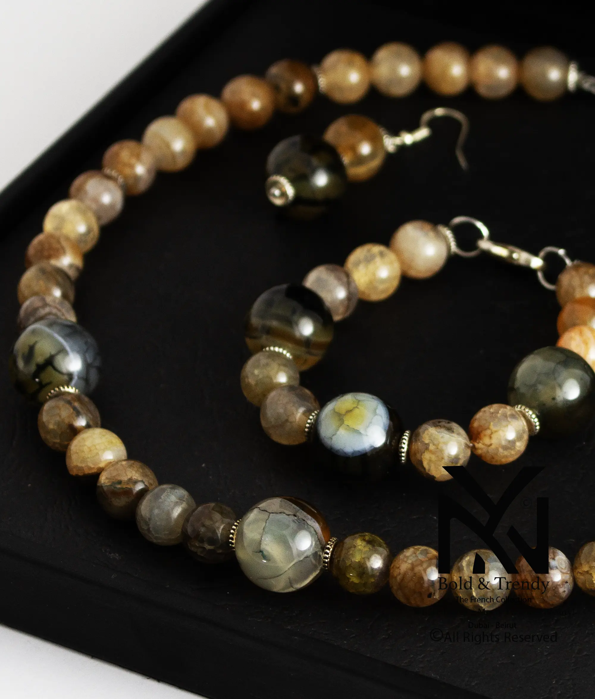  Complete Set Dendritict And Botswana Yellow Honey Green Onyx Agate with Silver 1