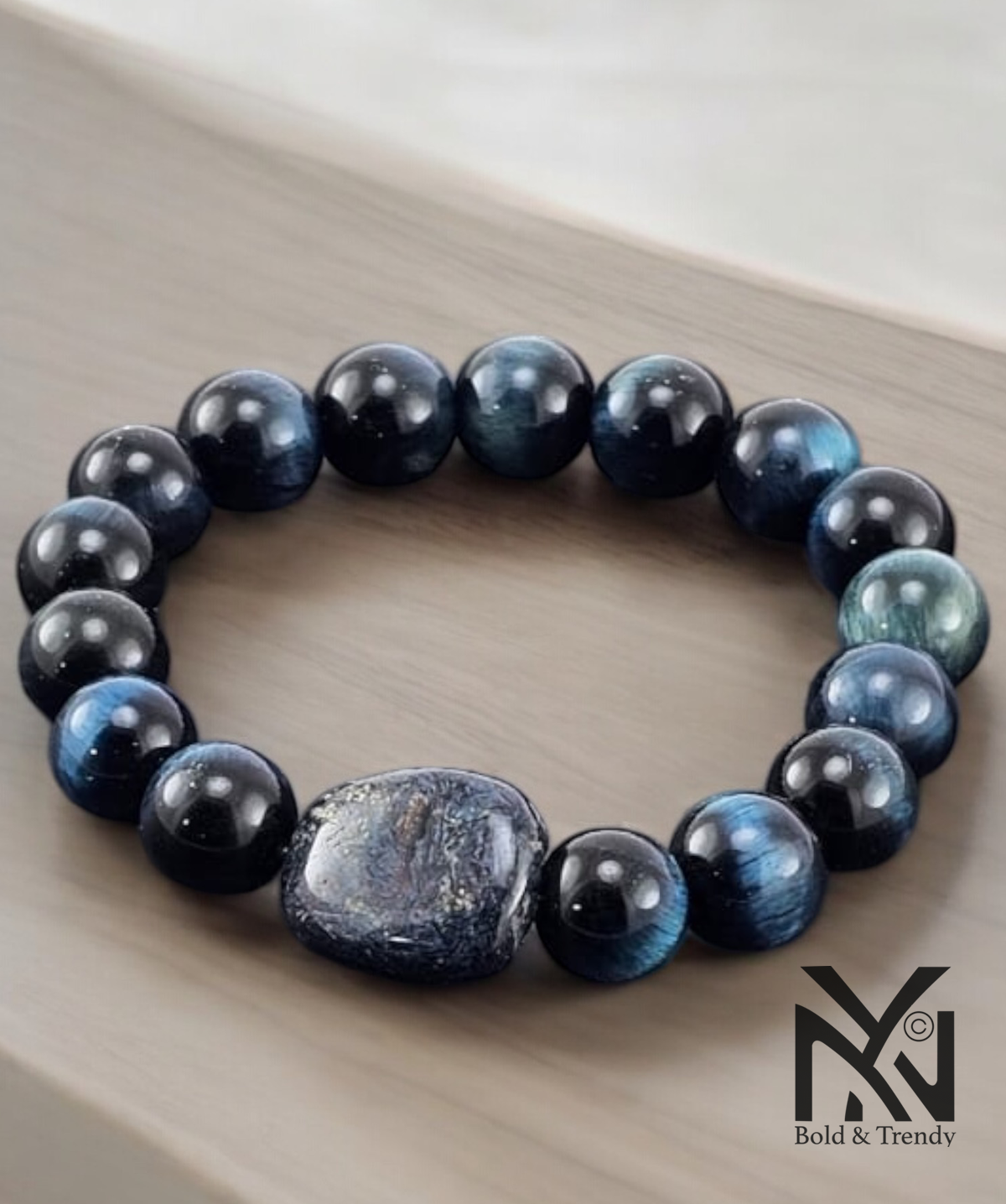 Bracelet Œil de Tigre Bleu, vue avant avec pierres naturelles