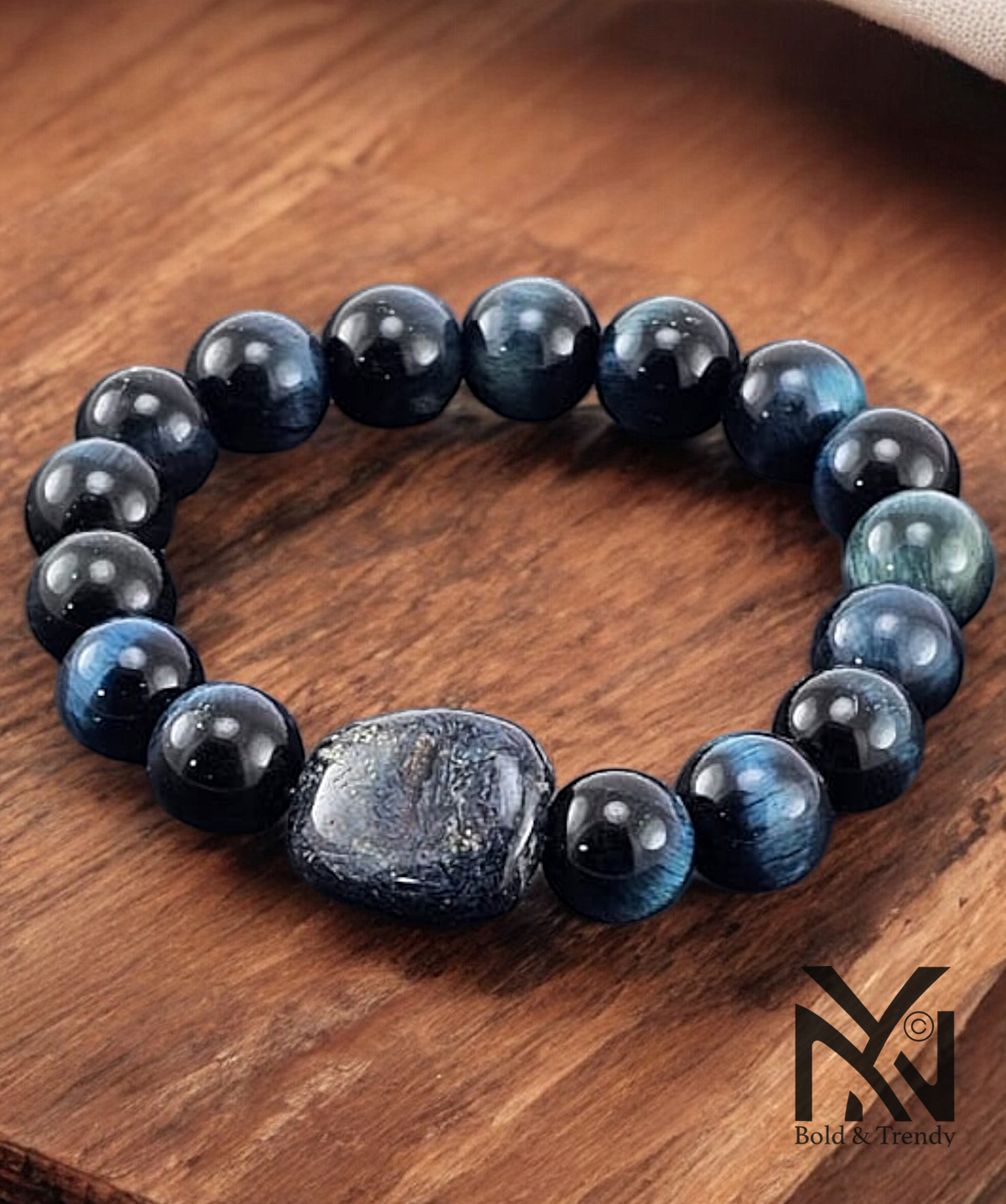 Vue arrière du bracelet Œil de Tigre Bleu avec détails des pierres