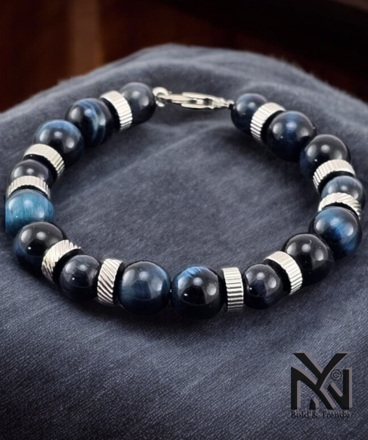 Bracelet Œil de Tigre Bleu, vue avant avec détails des pierres naturelles
