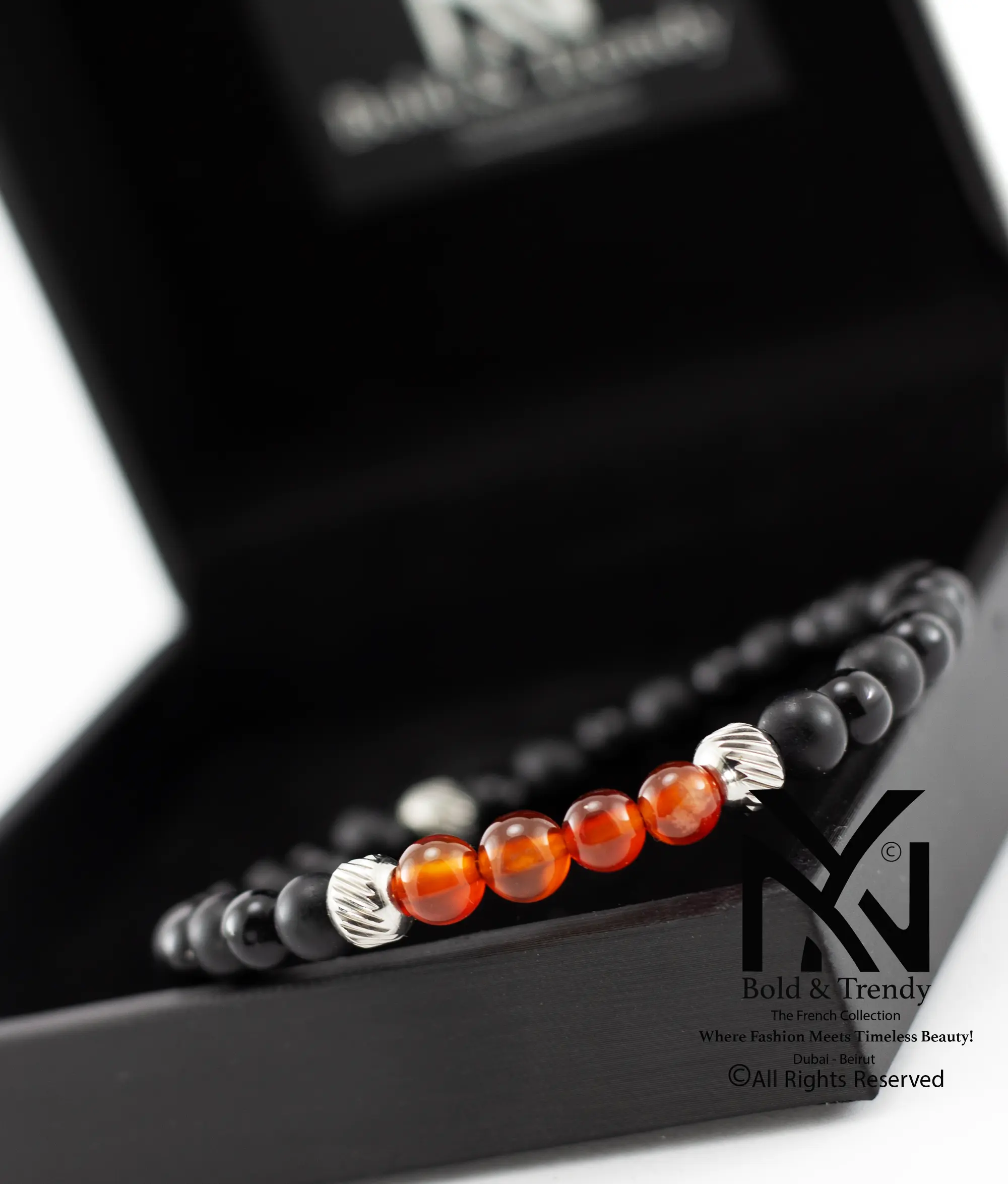 Unisex Bracelet Natural Carnelian With Black Lava And Black Onyx 1
