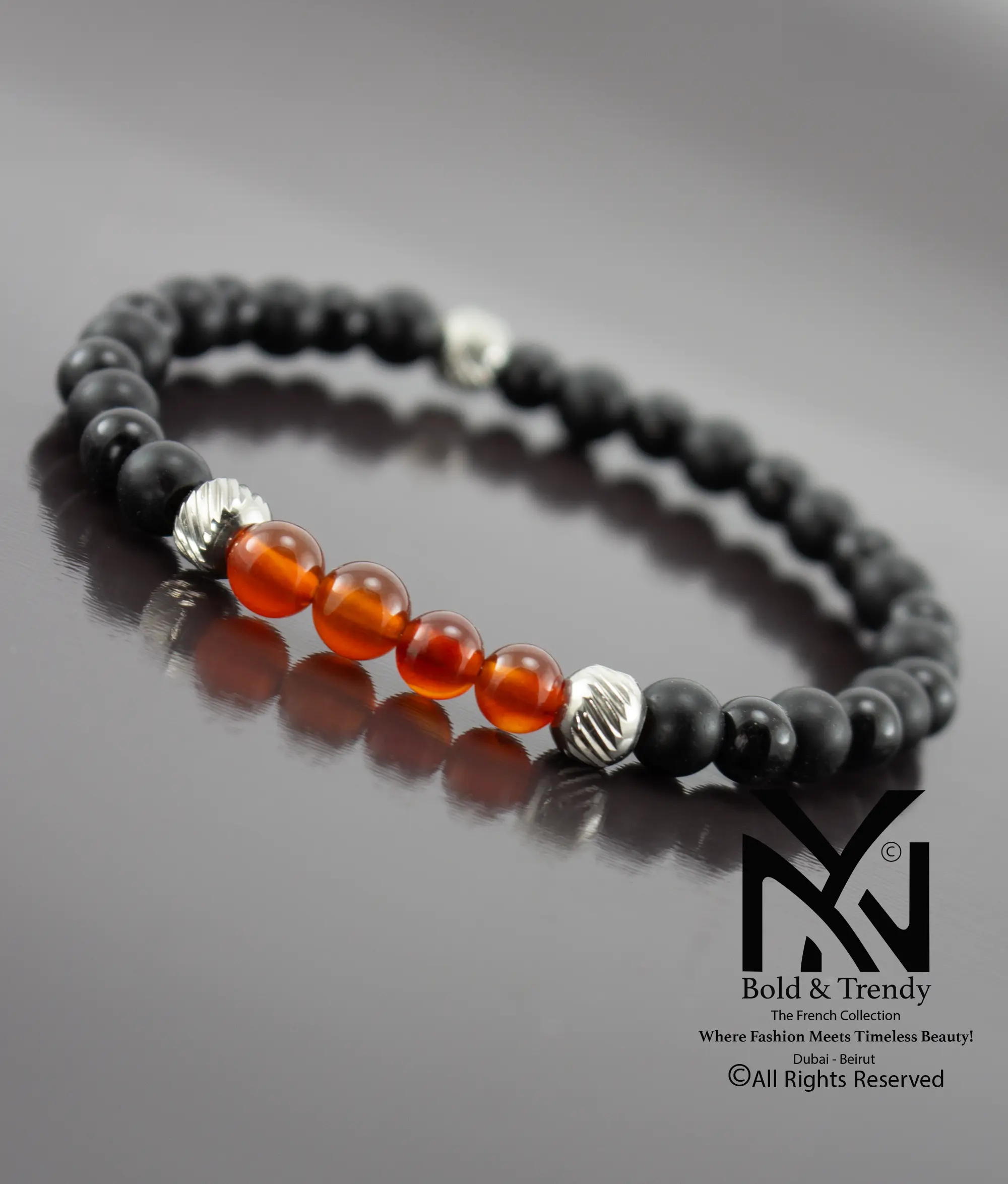 Unisex Bracelet Natural Carnelian With Black Lava And Black Onyx 1