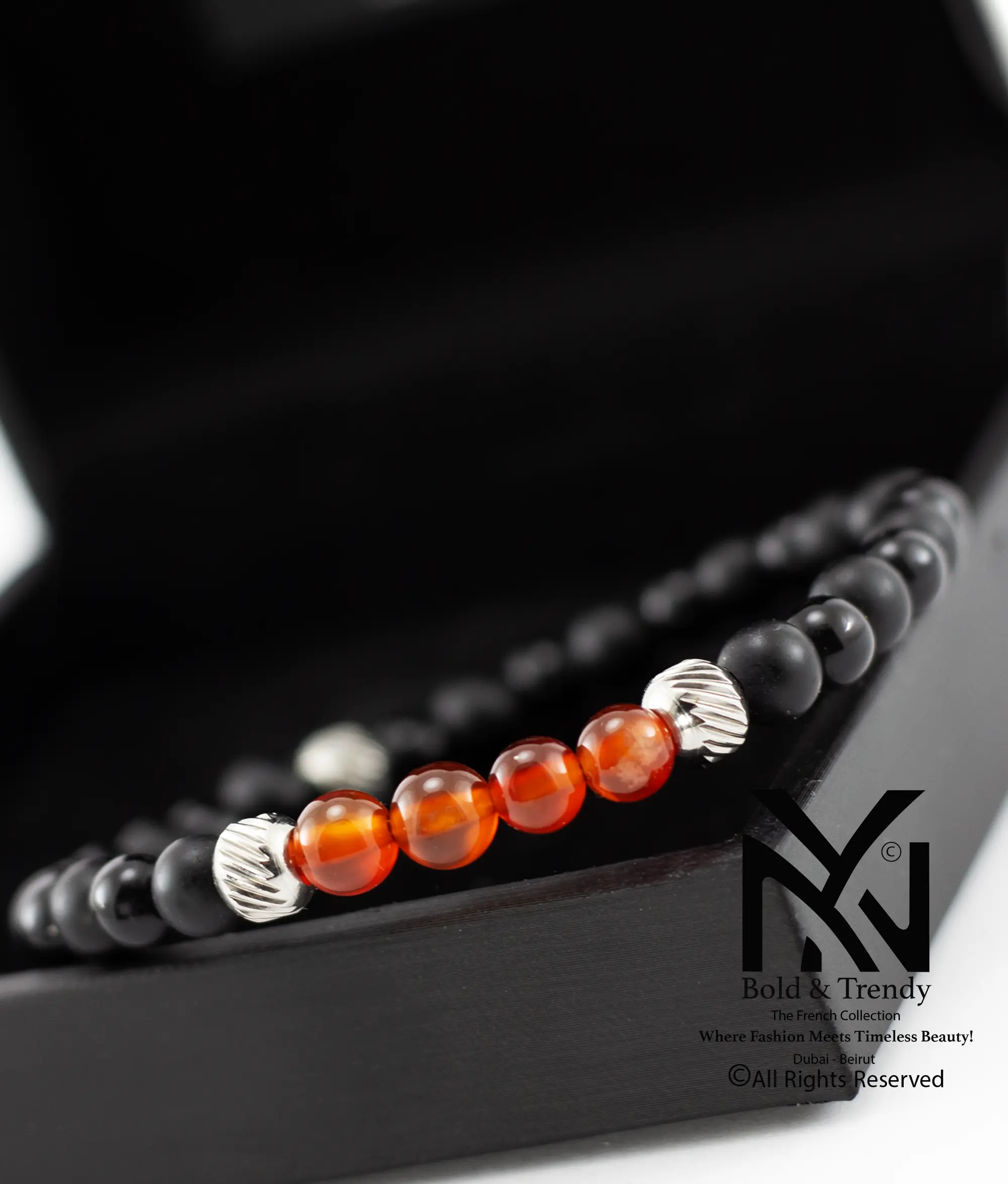 Unisex Bracelet Natural Carnelian With Black Lava And Black Onyx 1