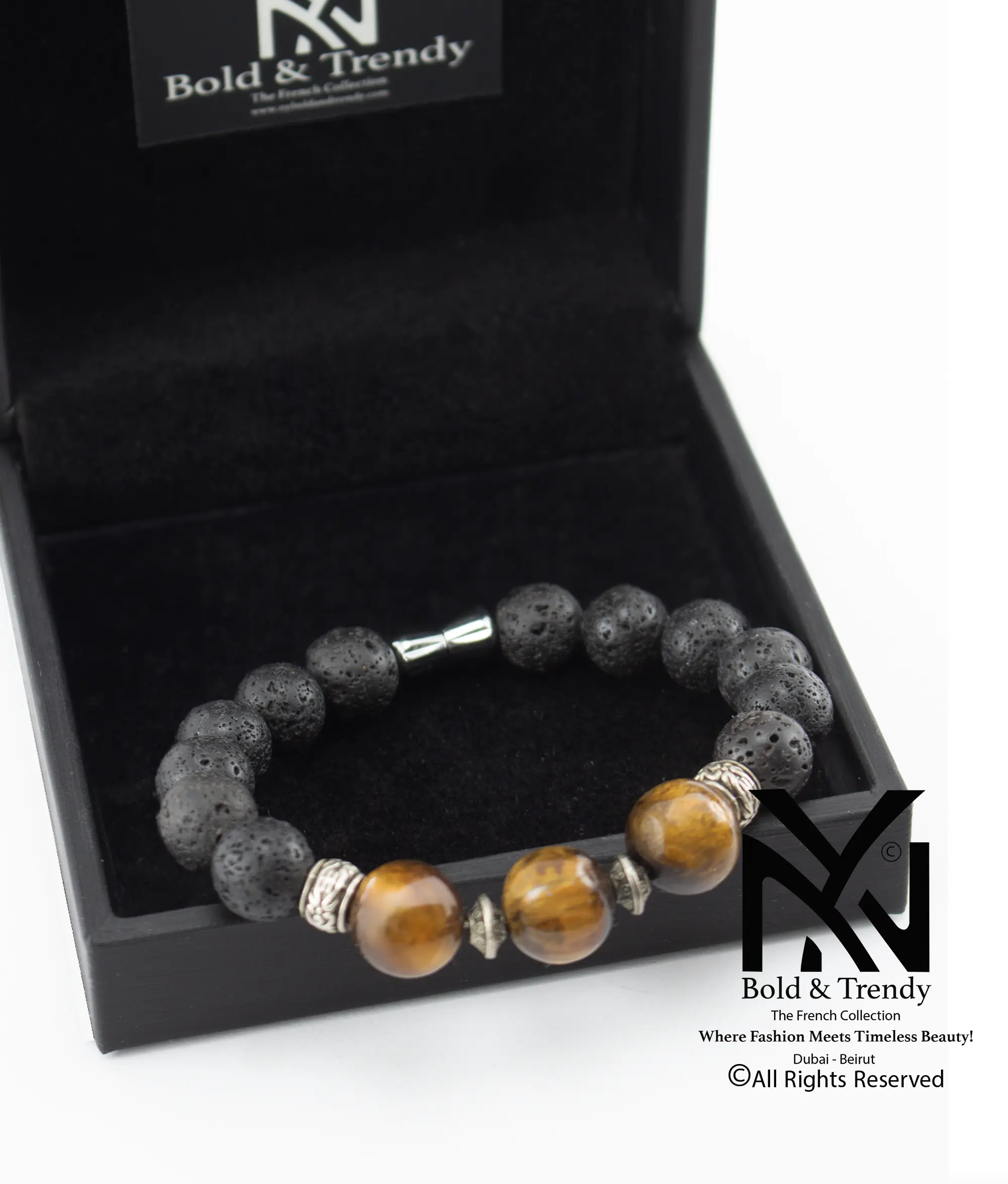  Unisex Bracelet Natural Rough Black Lava And Tiger Eye 1