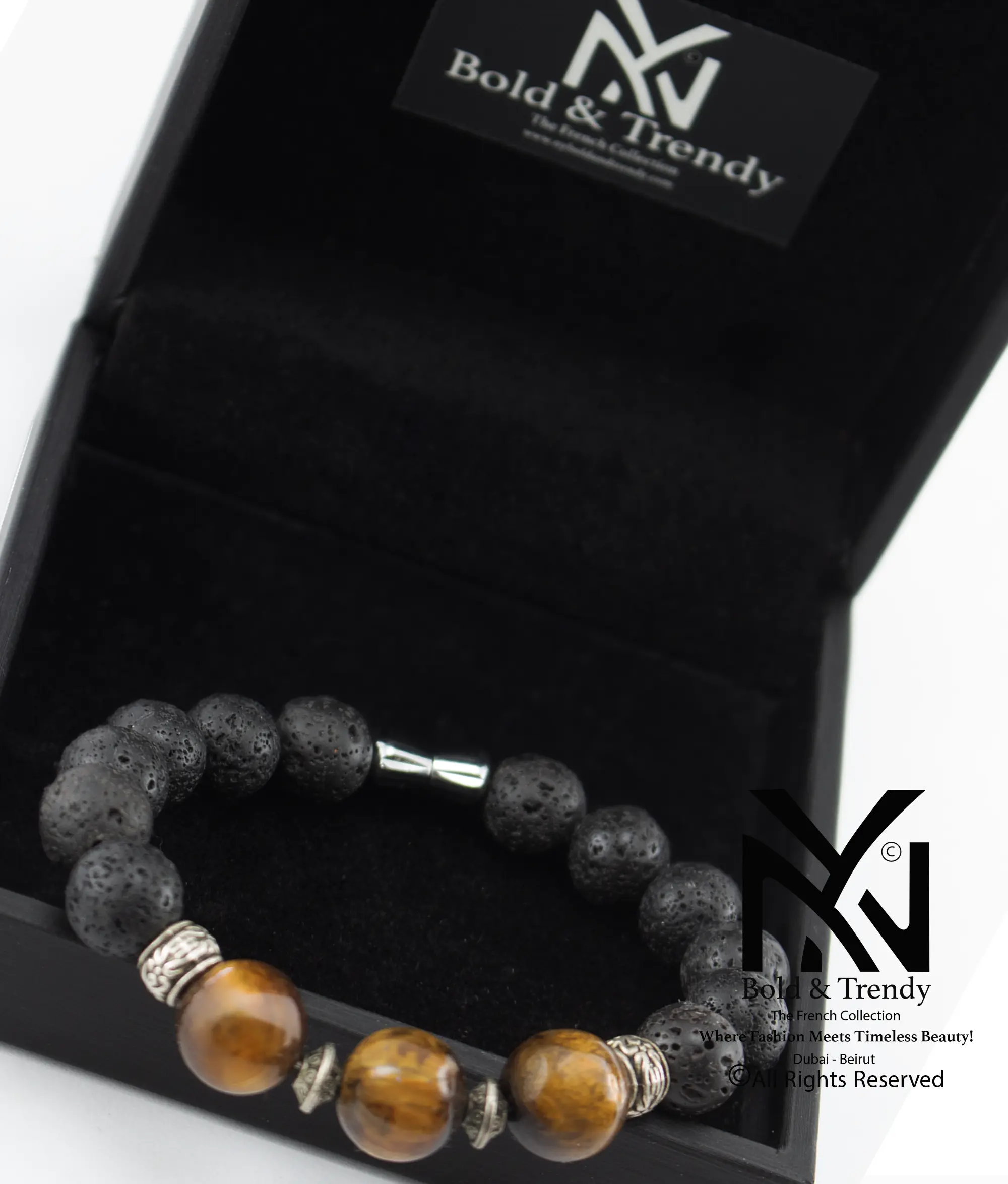  Unisex Bracelet Natural Rough Black Lava And Tiger Eye 1