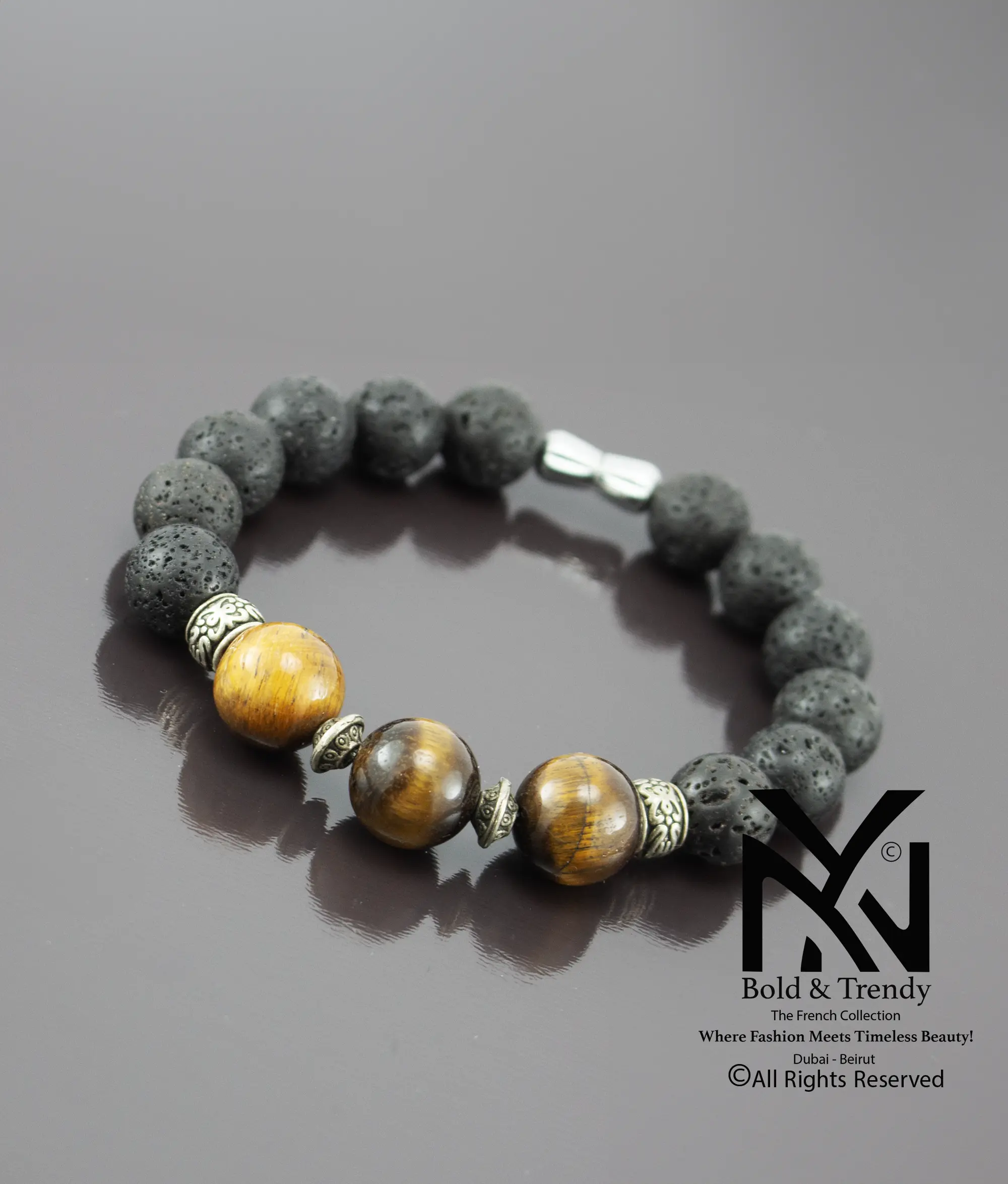  Unisex Bracelet Natural Rough Black Lava And Tiger Eye 1